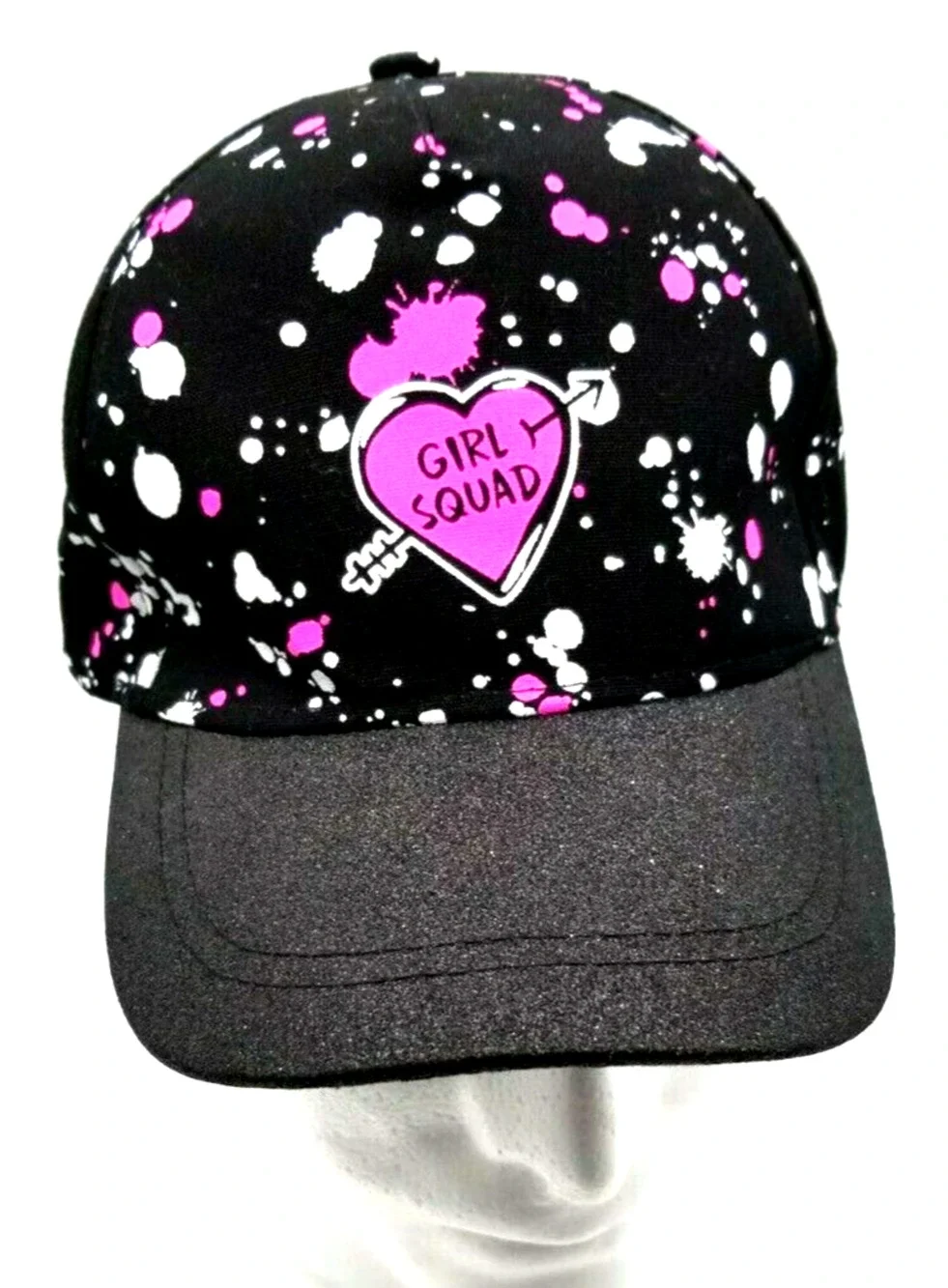 Justice Girl Squad Baseball Cap Black Pink Heart Paint Splatters SUPER CUTE